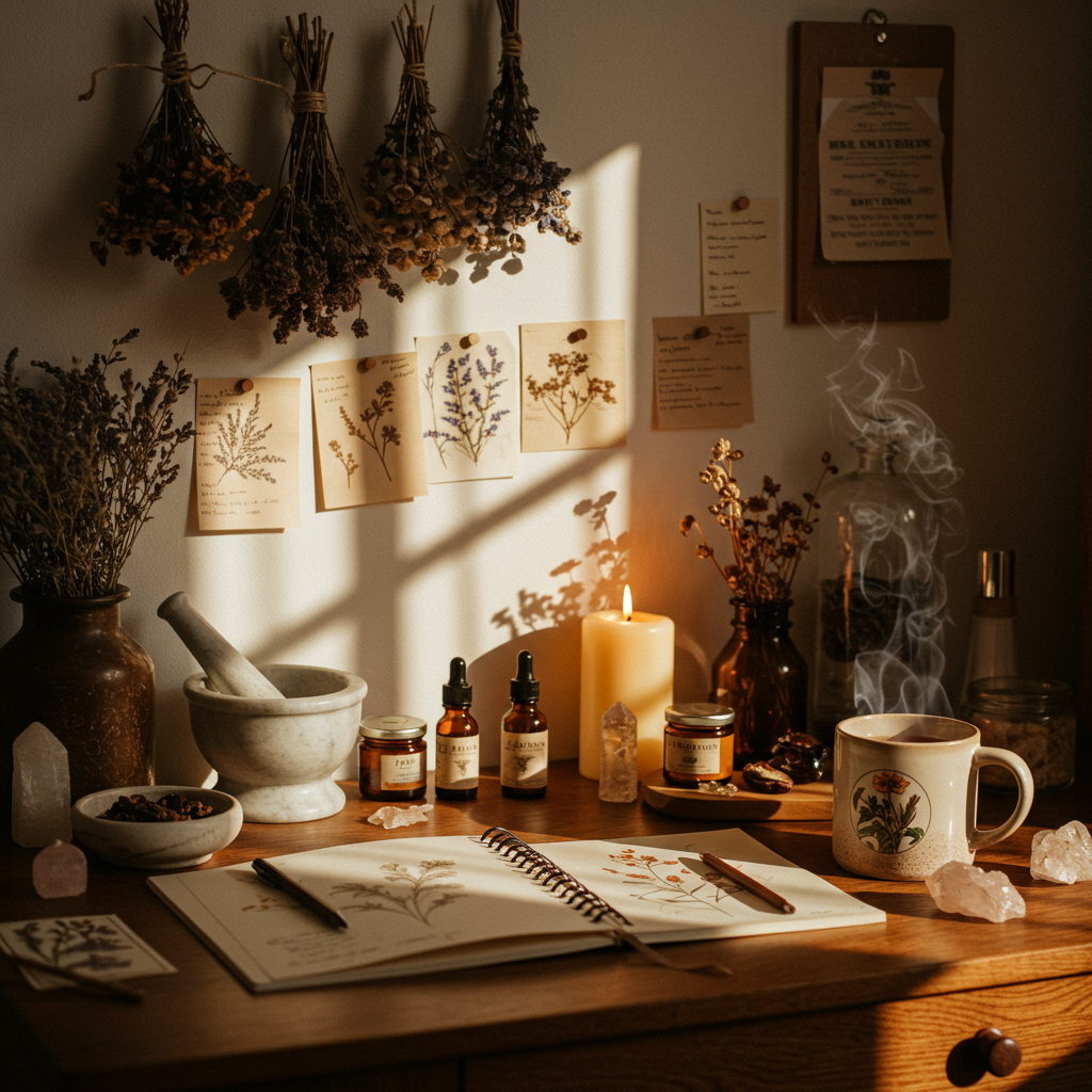 Mystical wellness workspace with herbs, crystals, and recipe tools โ spiritual content creator scene